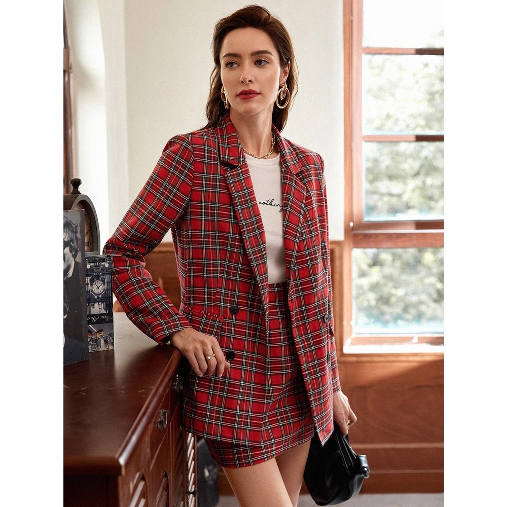 2 piece skirt set: Double Breasted Tartan plaid Blazer & mini Skirt red - Picture 5 of 11